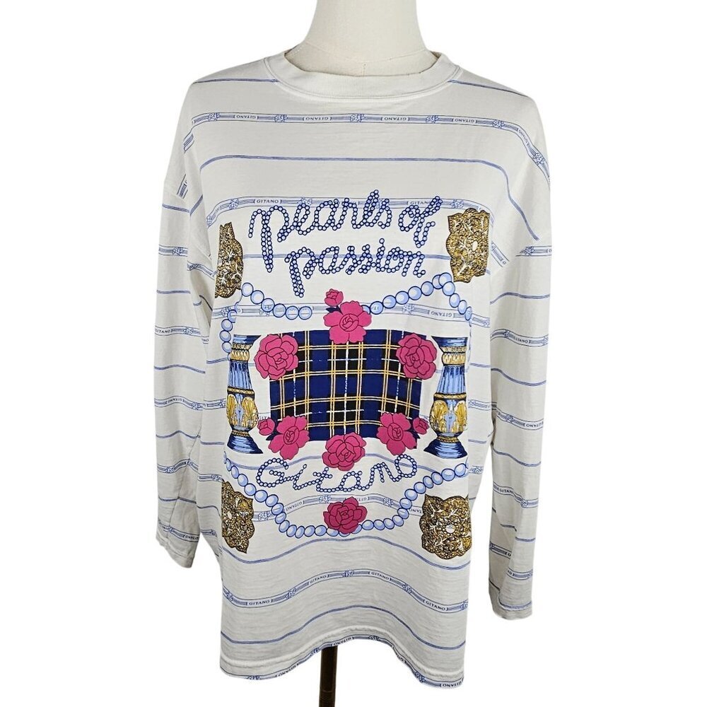 Vtg Gitano‎ Pearls Of Passion Graphic Long Sleeve T-Shirt Medium 90's White Blue